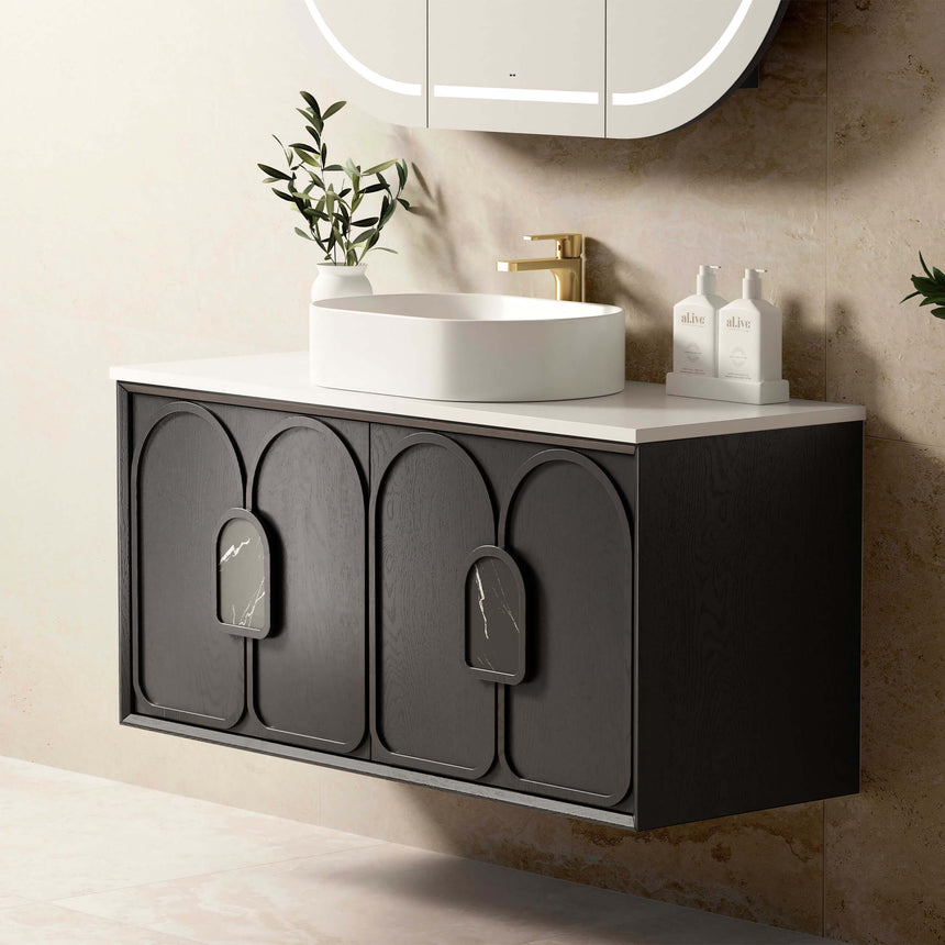 Otti Laguna MK II 1190mm black oak wall-hung double vanity by Tilemall with storage