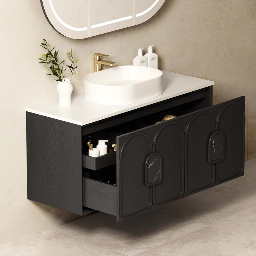 Otti Laguna MK II double vanity open cabinet doors revealing internal storage shelf by Tilemall
