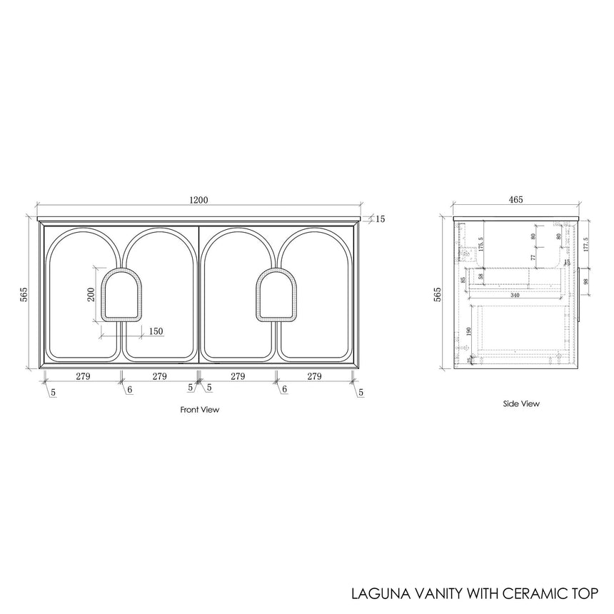 Technical diagram Otti Laguna MK II 1200mm vanity with dual basin configuration and specs by Tilemall