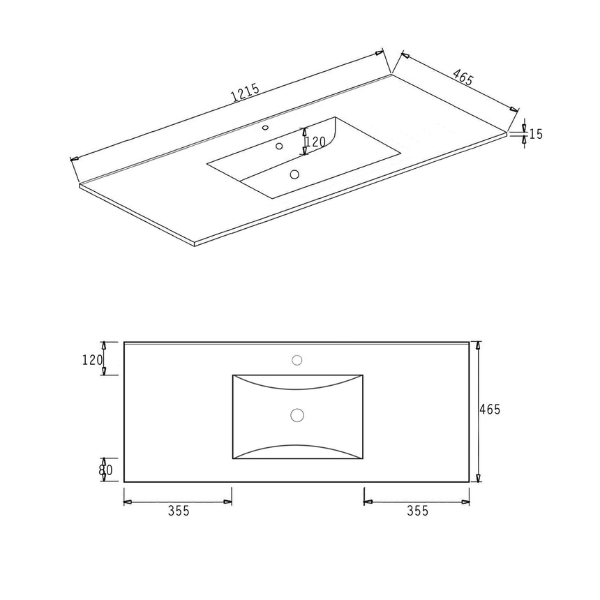 Technical dimensions diagram for Otti Laguna MK II 1215x465mm ceramic basin by Tilemall