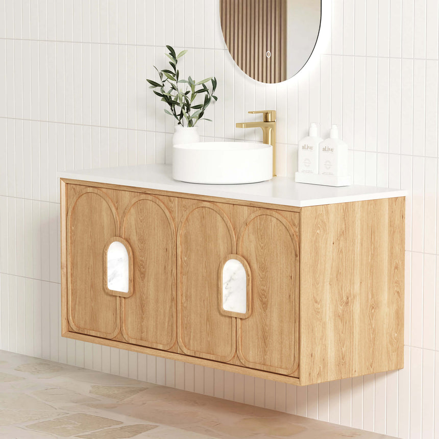 Otti Laguna MK II natural oak 740mm wall-hung vanity by Tilemall showing vessel basin