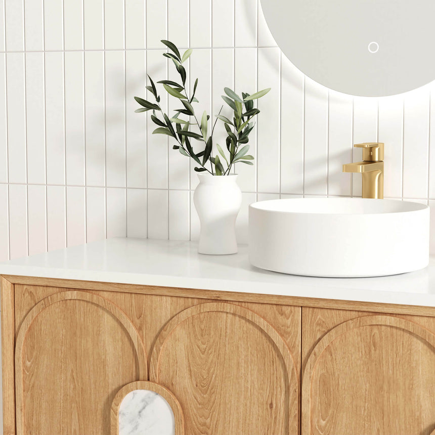 Close-up of Otti Laguna MK II vanity drawer front and brass handle detail by Tilemall