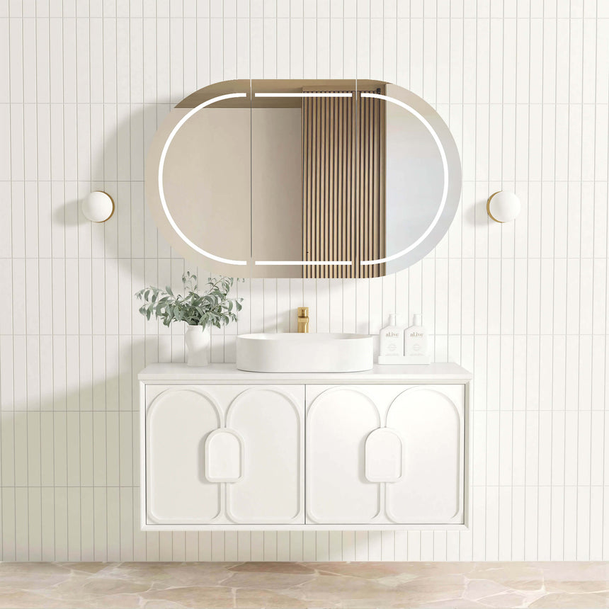Otti Laguna MK II matte white 1200mm wall-hung vanity by Tilemall with LED mirror and brass accents