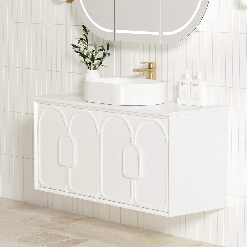Otti Laguna MK II matte white wall-hung vanity by Tilemall with vessel basin and pull-out drawer