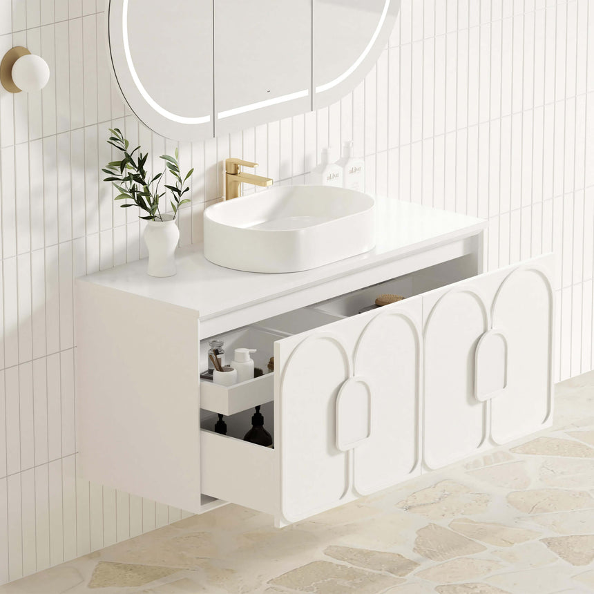 Technical dimensions diagram for Otti Laguna MK II 1190mm wall-hung vanity by Tilemall