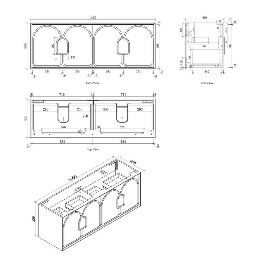 Technical dimensions diagram for Otti Laguna MK II 1490mm wall-hung double basin vanity by Tilemall