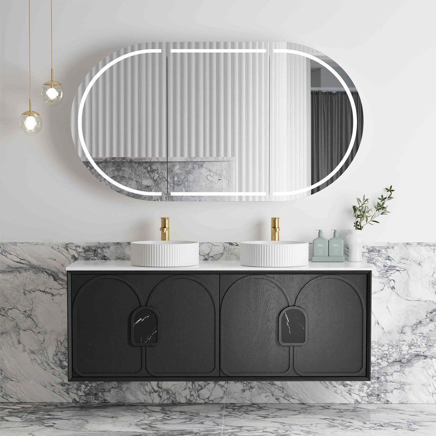 Otti Laguna MK II black oak wall-hung double basin vanity by Tilemall with white vessel basins and brass taps, 1500mm