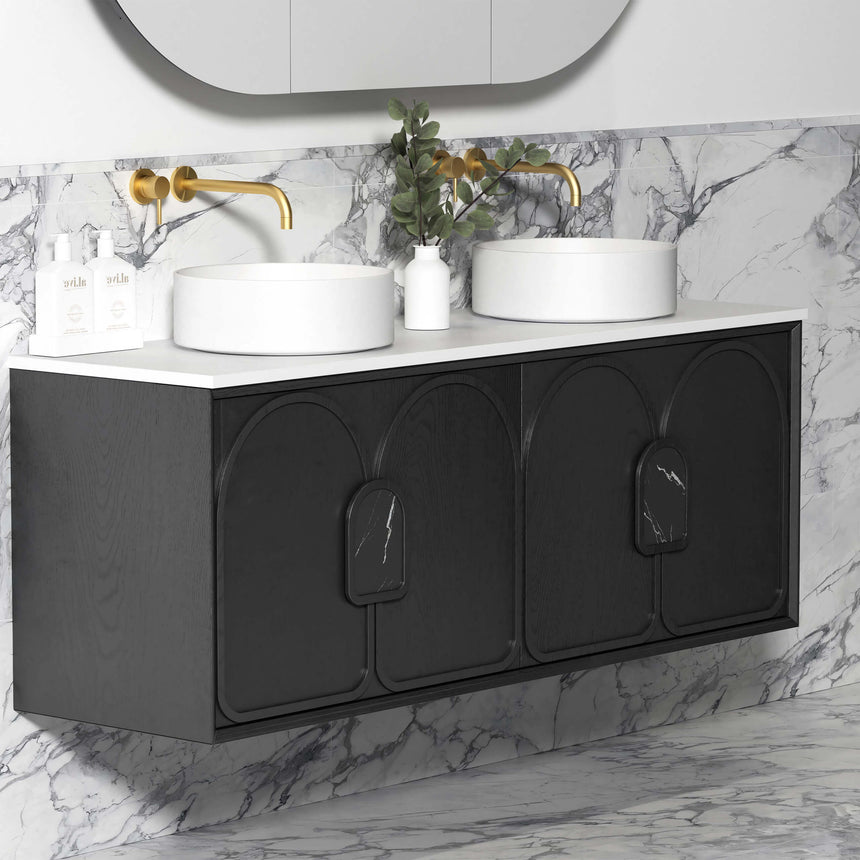 Close-up of Otti Laguna MK II vanity showing black oak four-door cabinet front with arched panel detailing and marble inserts by Tilemall