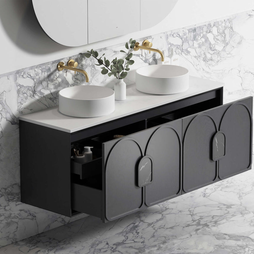 Otti Laguna MK II black oak vanity installed in bathroom interior with white stone countertop and two white vessel basins by Tilemall