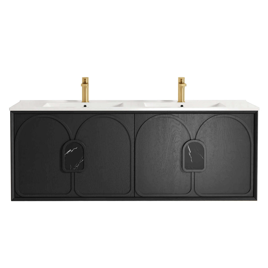Otti Laguna MK II 1500mm wall-hung vanity by Tilemall in black oak with double ceramic basins and brass taps