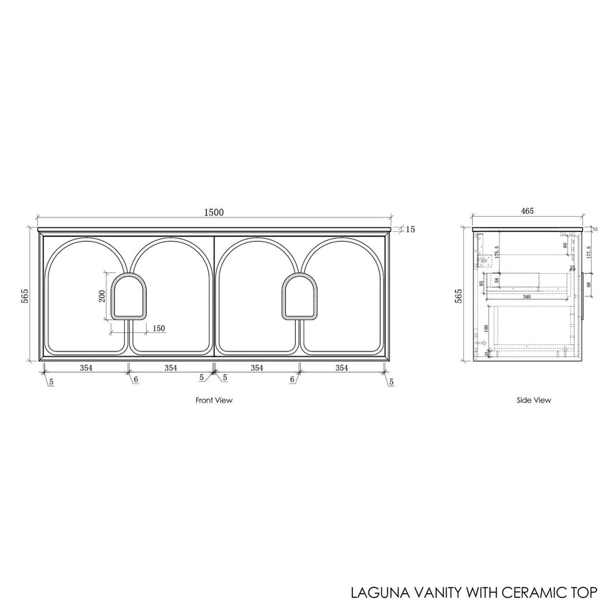 Technical dimensions diagram for Otti Laguna MK II 1500mm wall-hung vanity with front and side views, door details by Tilemall