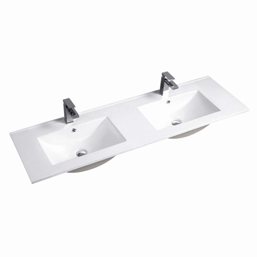 Ceramic top for Otti Laguna MK II vanity by Tilemall with two undermount rectangular basins and black taps