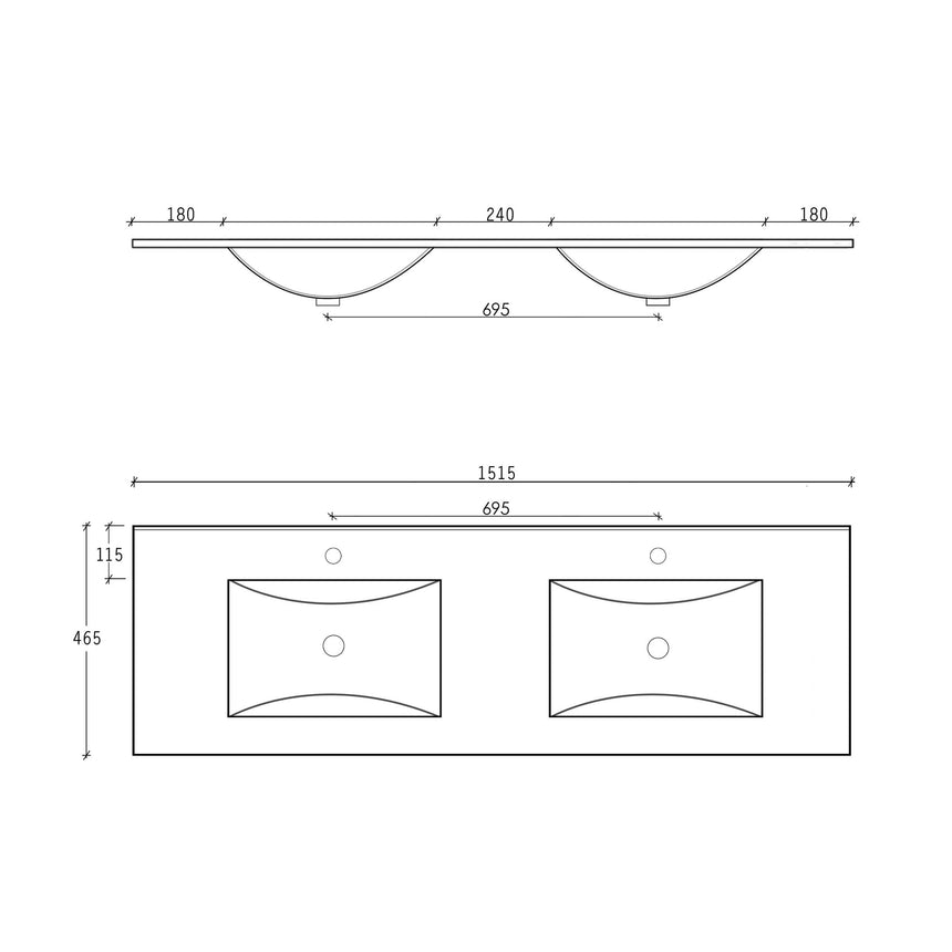 Technical dimensions diagram for Otti Laguna MK II 1515mm ceramic top basin, 695mm basin width, 465mm height by Tilemall