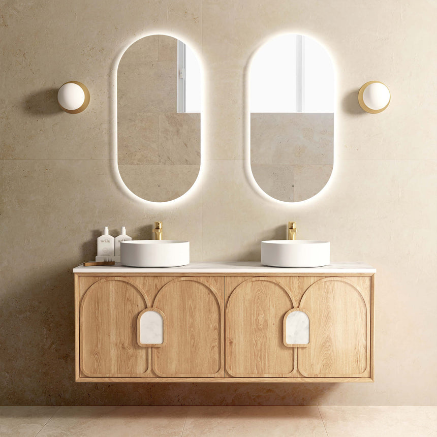 Otti Laguna MK II 1500mm natural woodland oak wall-hung vanity by Tilemall with double vessel basins and brass taps