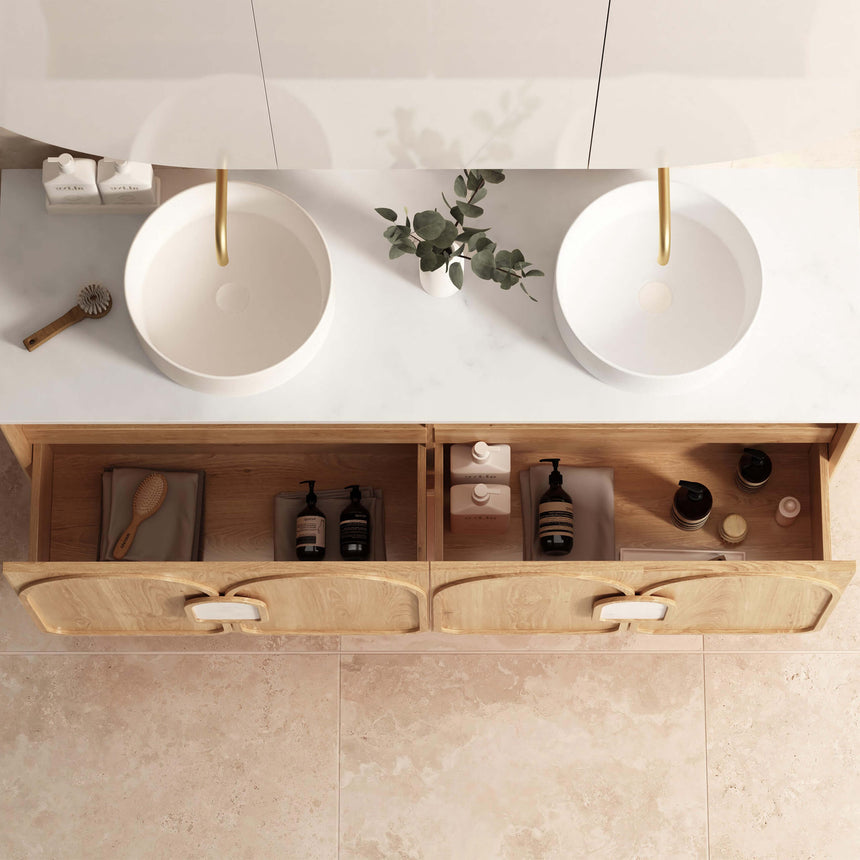 Otti Laguna MK II vanity overhead view showing two white round vessel basins, brass taps and open drawers with storage by Tilemall
