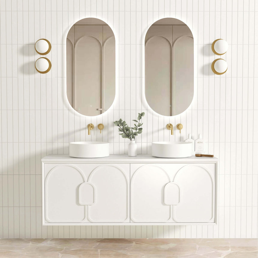 Otti Laguna MK II 1500mm matte white wall-hung double basin vanity by Tilemall with vessel basins and brass taps