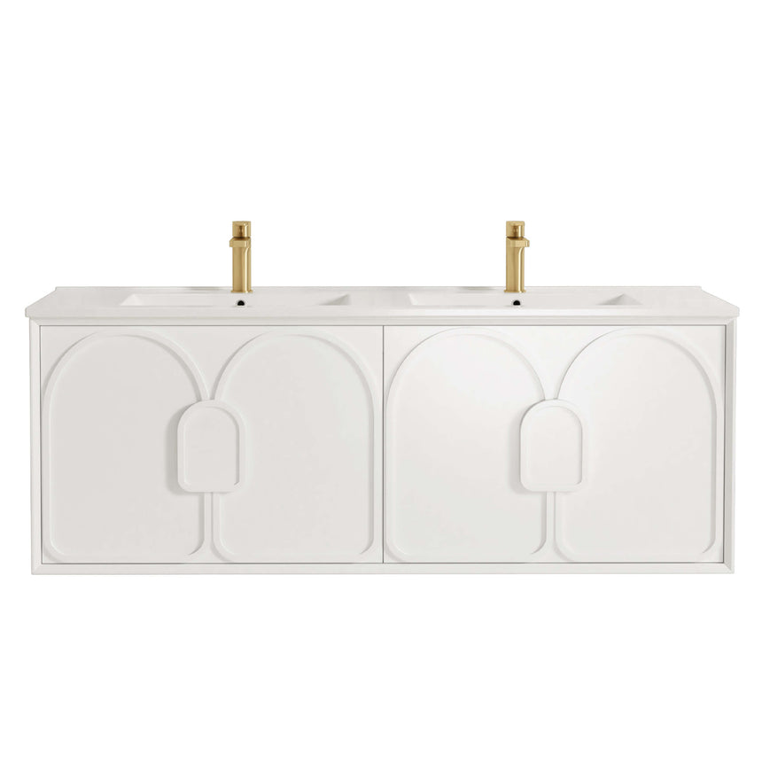 Otti Laguna MK II 1500mm wall-hung double basin vanity by Tilemall, matte white with brass taps and arched door panels