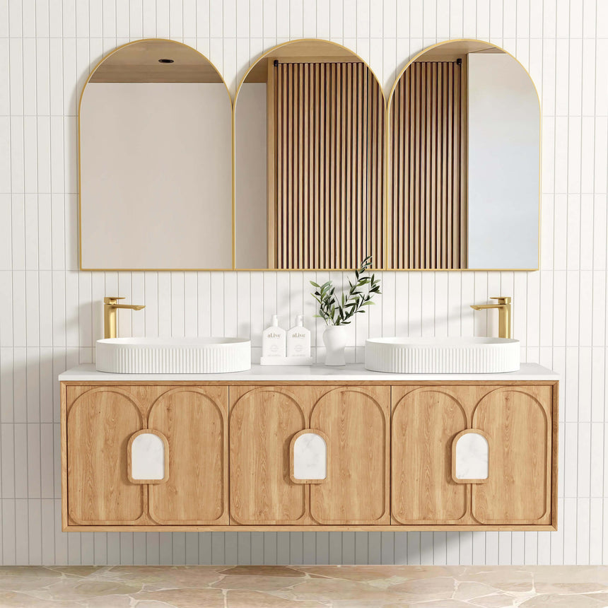 Otti Laguna MK II 1800mm vanity in natural woodland oak with brass framed mirror and two white vessel basins by Tilemall