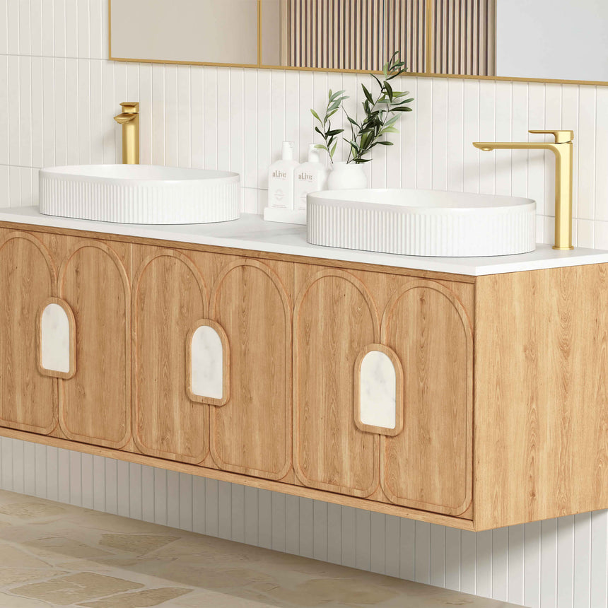 Otti Laguna MK II natural woodland oak vanity with white vessel basin, brass tap and arched door detail by Tilemall