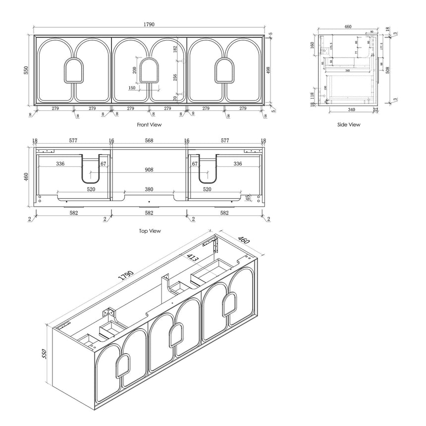 Technical dimensions diagram for Otti Laguna MK II 1790mm wall-hung triple basin vanity by Tilemall