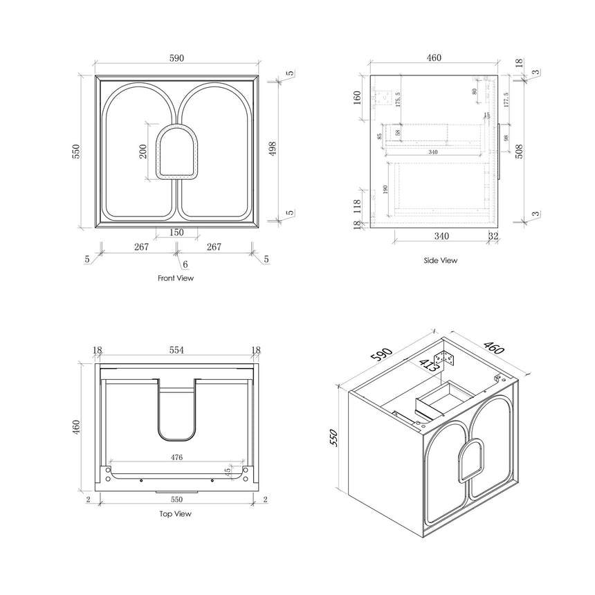 Technical dimensions diagram for Otti Laguna MK II 590mm wall-hung vanity by Tilemall