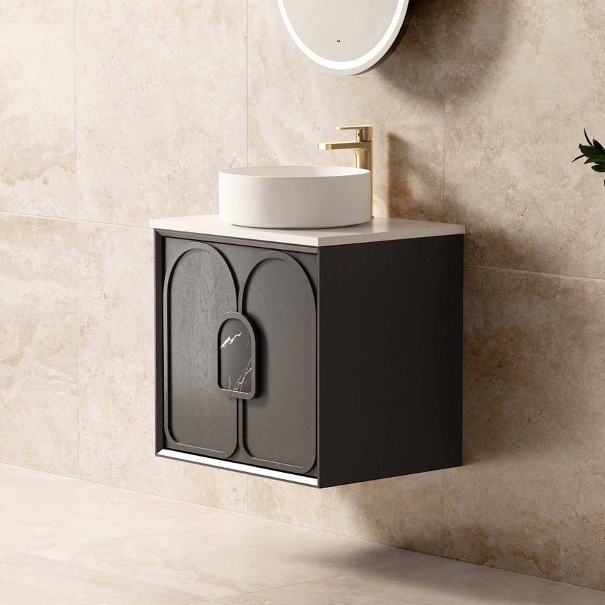 Otti Laguna MK II black oak wall-hung vanity by Tilemall, angled view with brass tap
