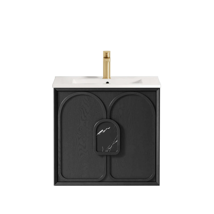 Otti Laguna MK II 600mm black oak wall-hung vanity by Tilemall with ceramic top and brass tap