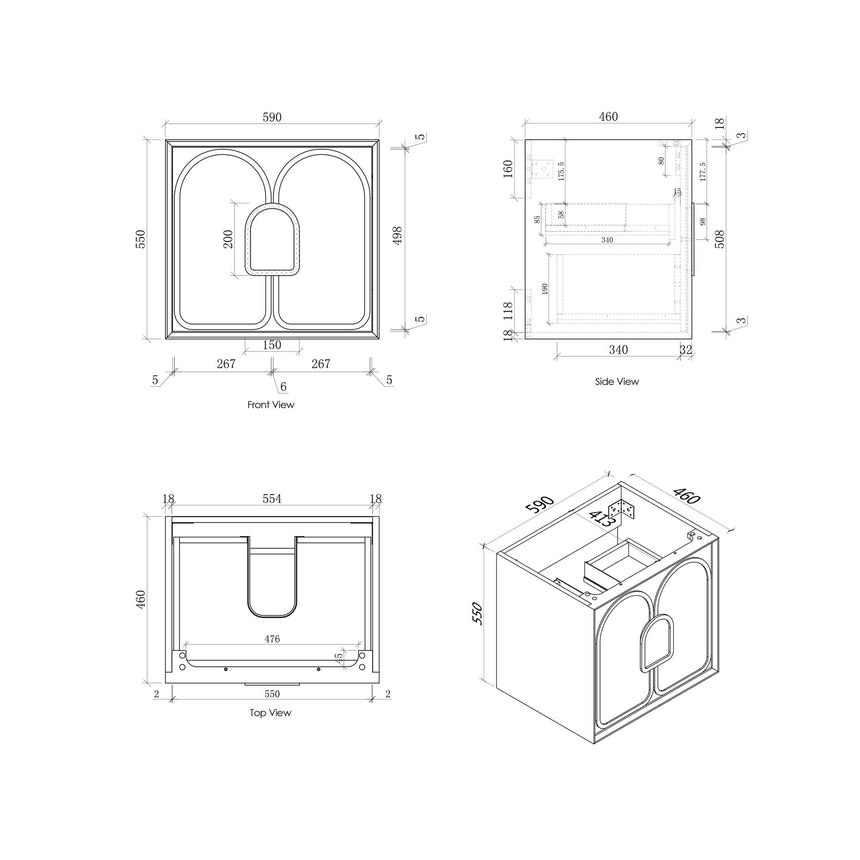 Technical specifications for Otti Laguna MK II: front and side views, 590x550mm wall-hung vanity by Tilemall