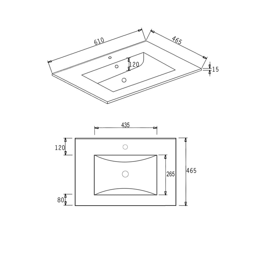 Technical dimensions diagram for Otti Laguna MK II vanity: 610x465mm top, 590x550mm cabinet by Tilemall