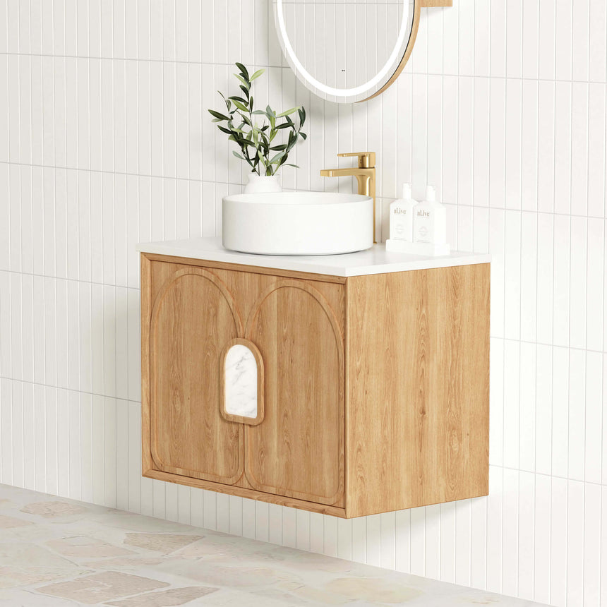 Otti Laguna MK II natural oak wall-hung vanity by Tilemall, 590mm, with white marble top