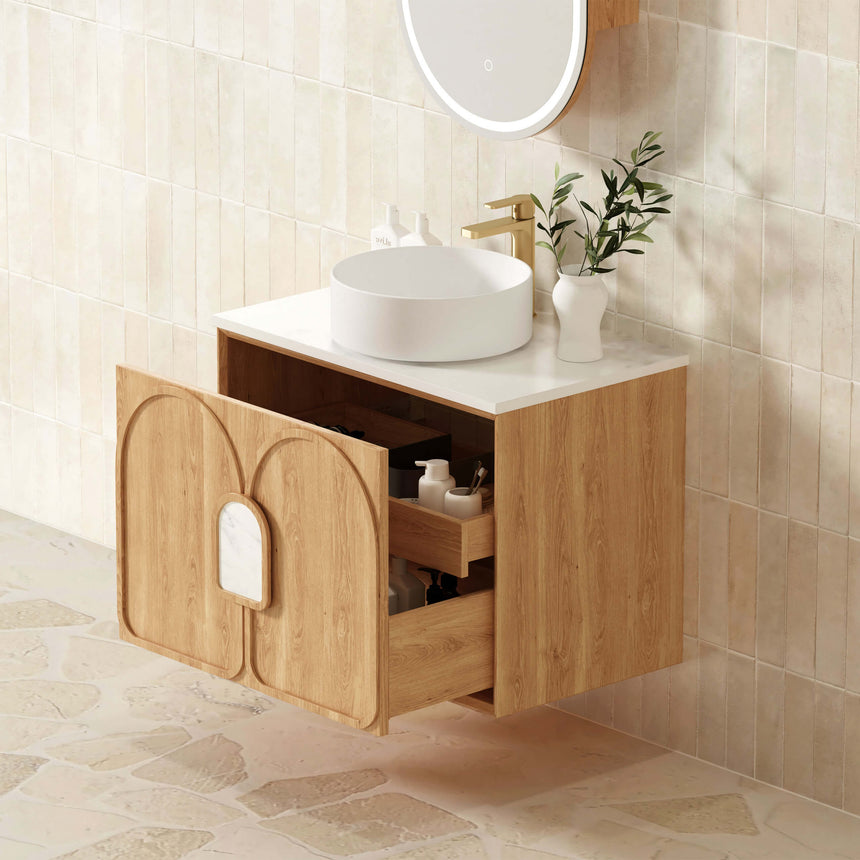 Otti Laguna MK II natural oak vanity installed in bathroom interior with open drawer storage by Tilemall