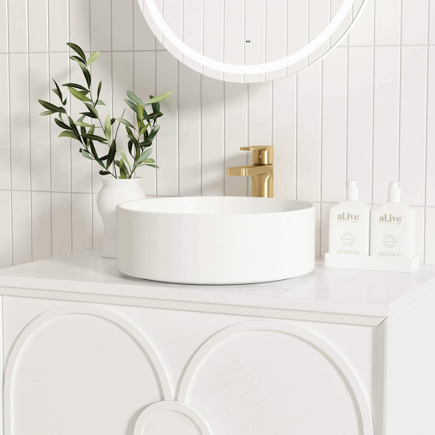 Close-up of Otti Laguna MK II vessel basin showing matte white ceramic finish and rounded rim by Tilemall