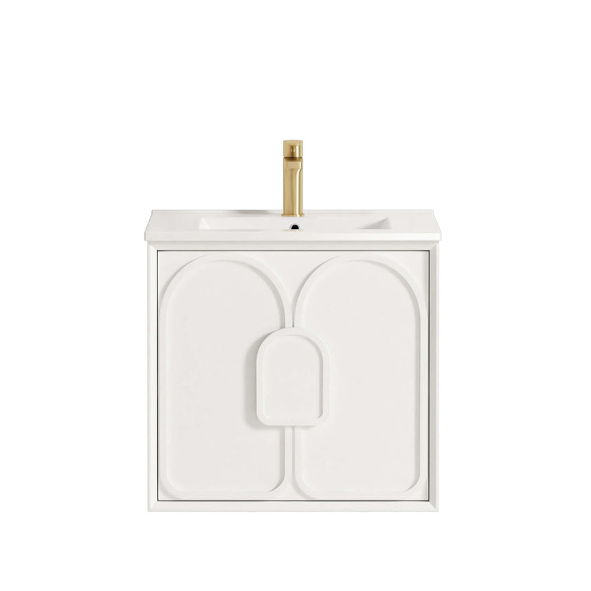 Otti Laguna MK II 600mm matte white wall-hung vanity by Tilemall with curved door panel and brass tapware