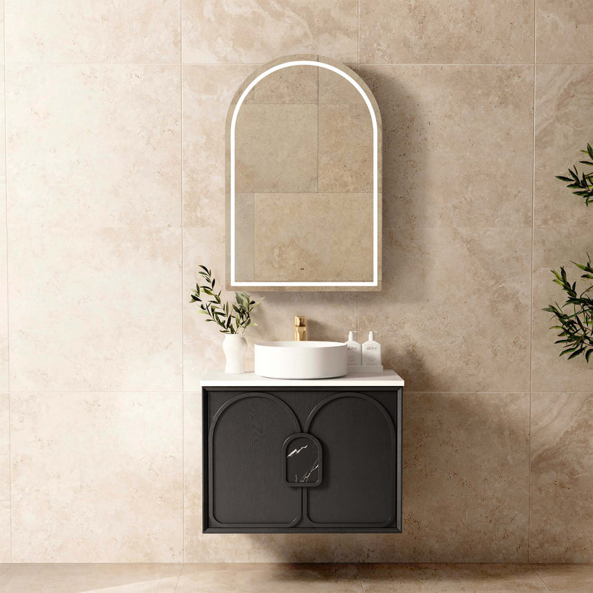 Otti Laguna MK II 750mm black oak vanity installed in bathroom interior with round mirror by Tilemall