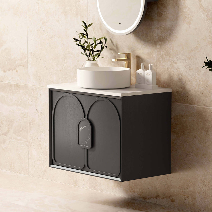 Otti Laguna MK II black oak vanity detail showing arched cabinet doors and pull handles by Tilemall