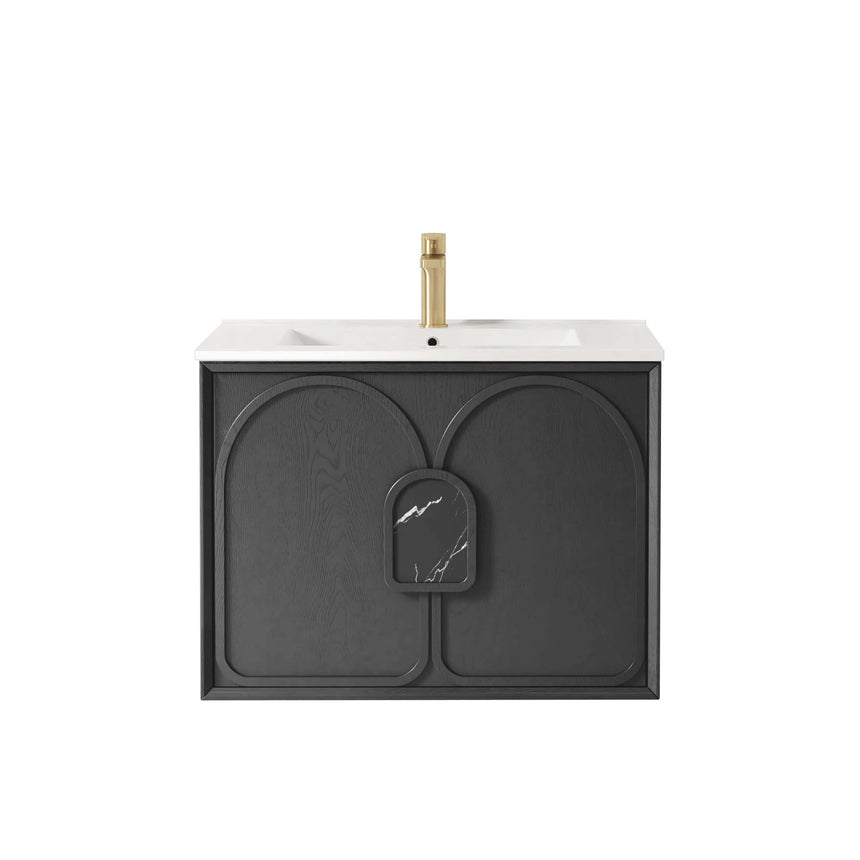 Otti Laguna MK II 750mm black oak wall-hung vanity with white ceramic top and brass tap by Tilemall