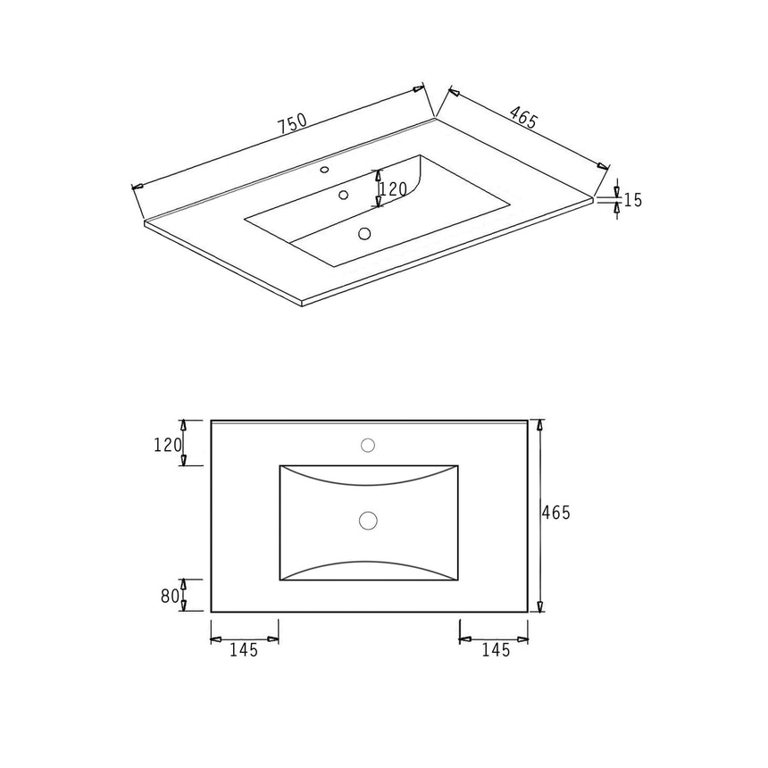 Otti Laguna MK II technical basin diagram: 750x465mm top, 610x465mm undermount, 120mm depth by Tilemall