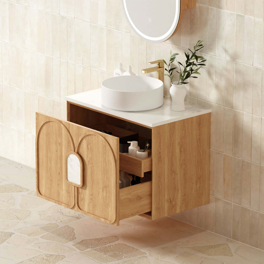 Otti Laguna MK II natural oak vanity installed in bathroom interior with open storage by Tilemall