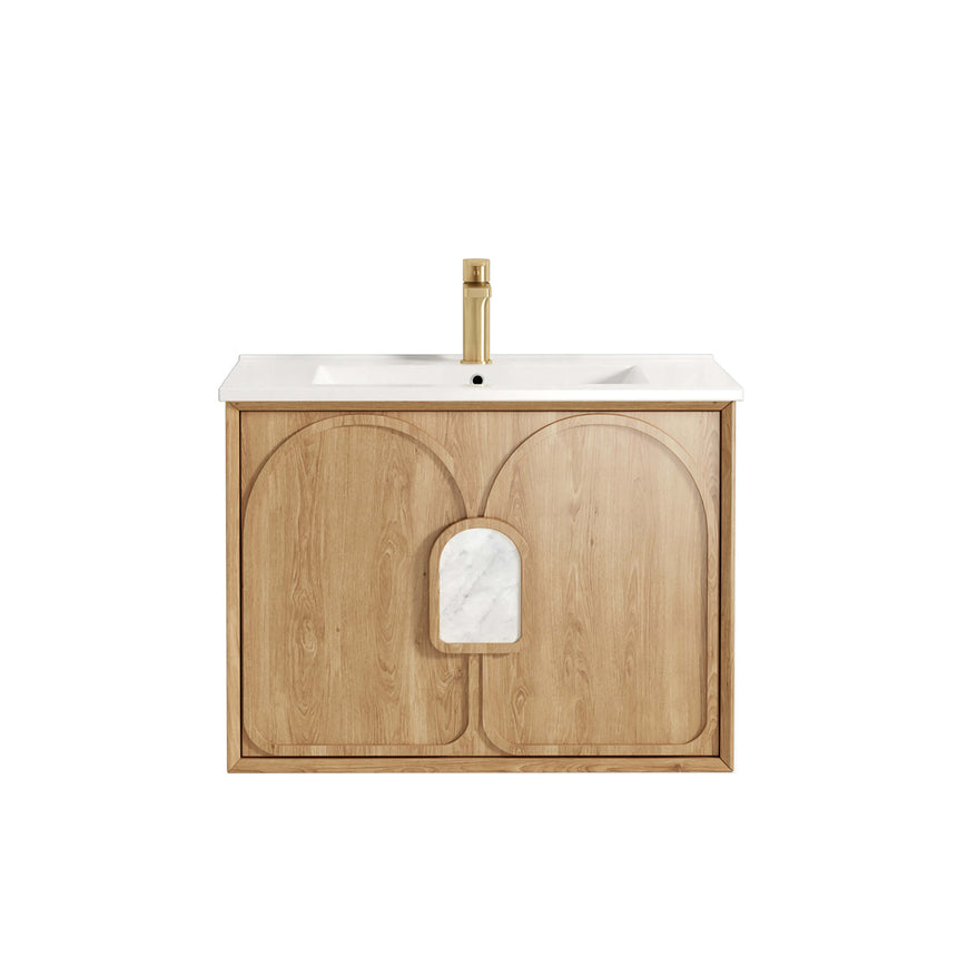 Otti Laguna MK II 750mm natural oak vanity, detailed front and side dimensions by Tilemall