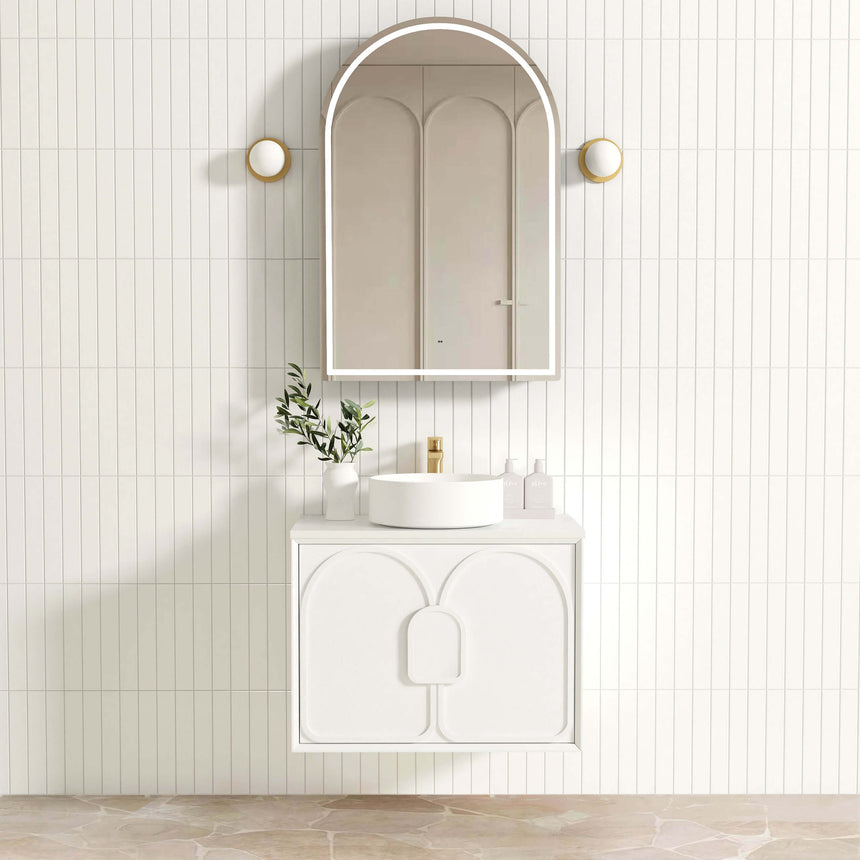 Otti Laguna MK II 750mm matte white wall-hung vanity by Tilemall with LED mirror and brass sconces