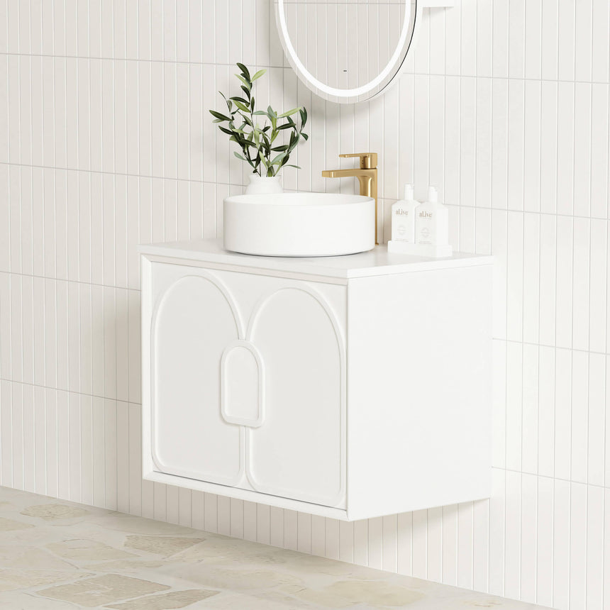 Otti Laguna MK II matte white wall-hung vanity by Tilemall with vessel basin and open drawer storage