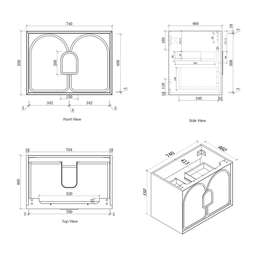 Technical dimensions diagram for Otti Laguna MK II 740mm wall-hung single basin vanity by Tilemall