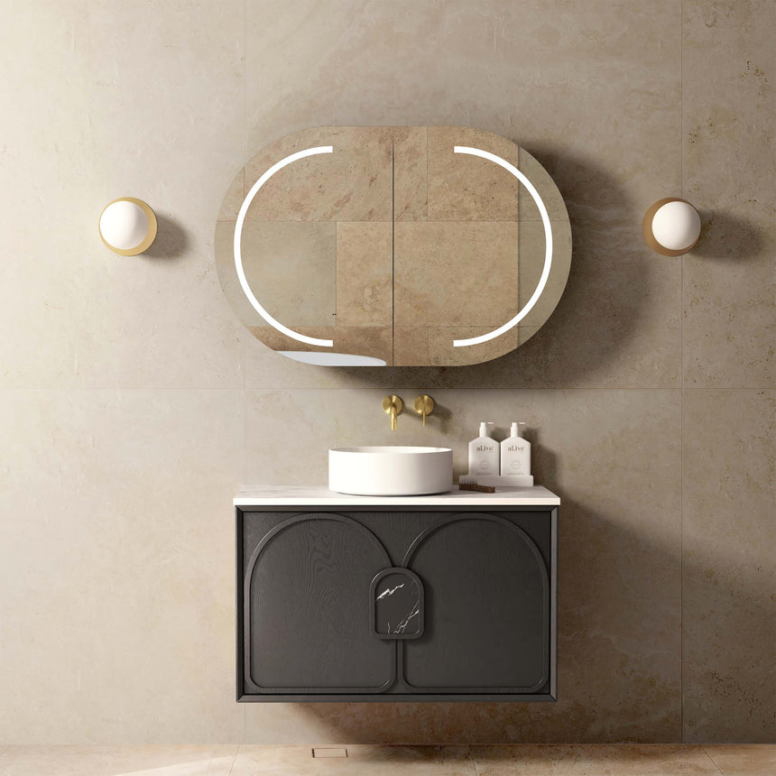 Technical dimensions diagram for Otti Laguna MK II 900mm wall-hung vanity by Tilemall