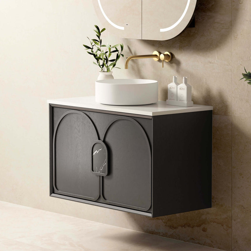 Otti Laguna MK II black oak vanity cabinet detail showing textured door fronts by Tilemall