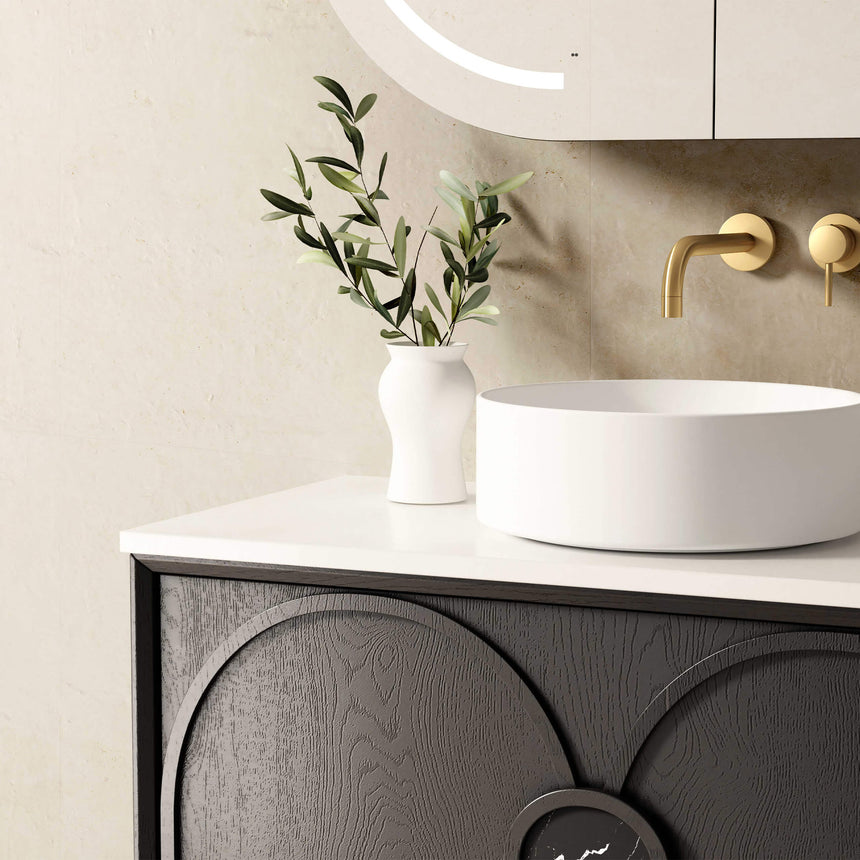 Otti Laguna MK II 740mm black oak vanity with white round basin and brass wall-mount tap by Tilemall