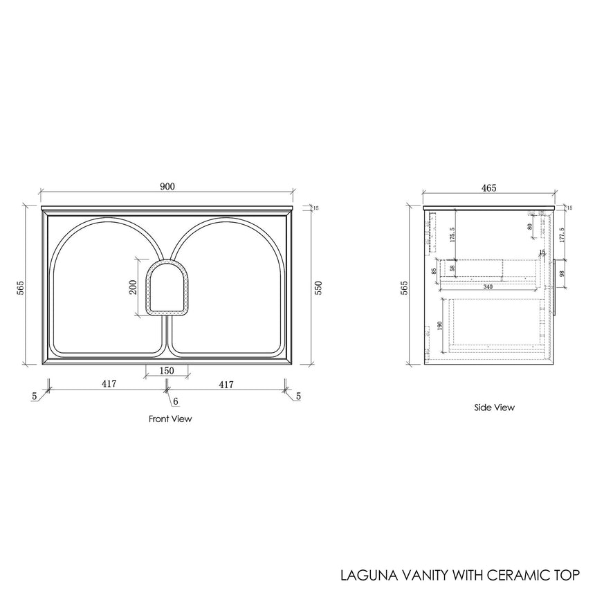 Technical drawings for Otti Laguna MK II 900mm vanity cabinet specifications by Tilemall