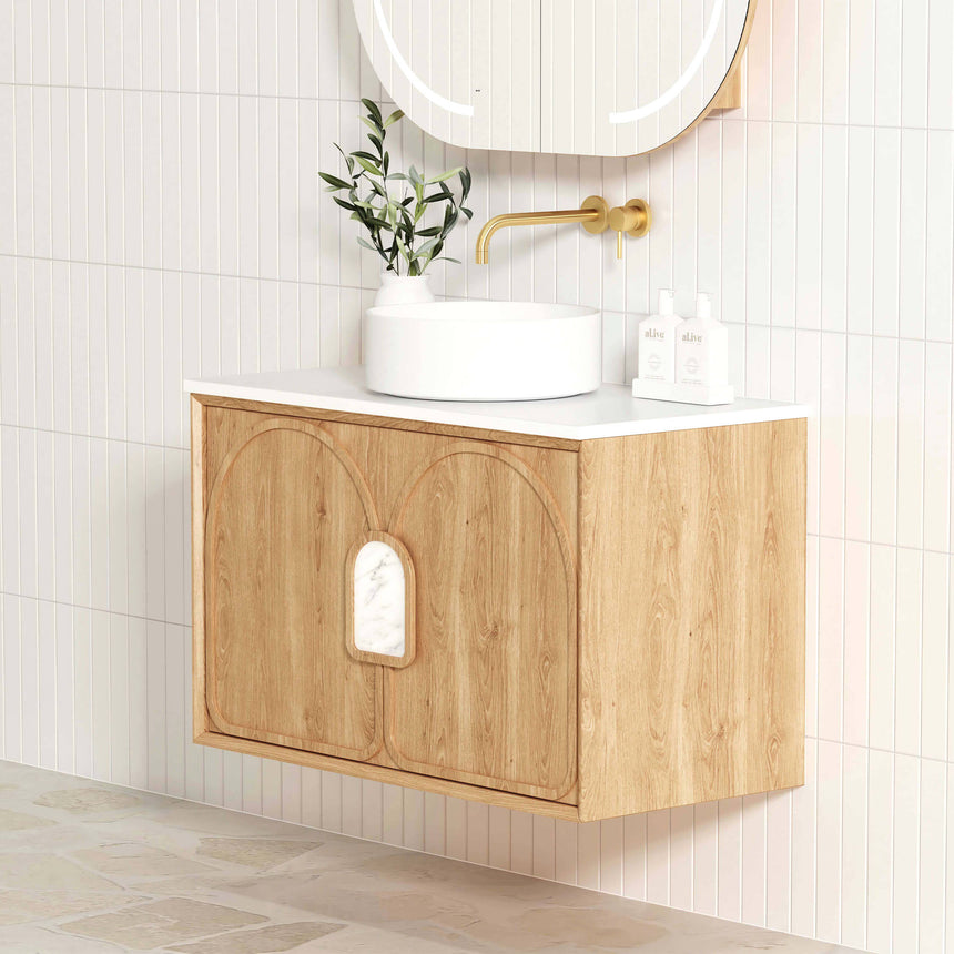 Close-up of Otti Laguna MK II vanity base showing curved door panels and storage by Tilemall
