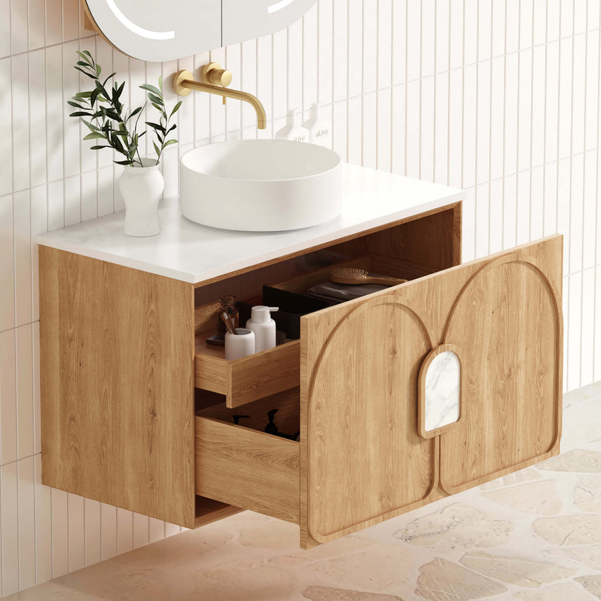 Otti Laguna MK II natural oak vanity installed in bathroom interior with double basins by Tilemall