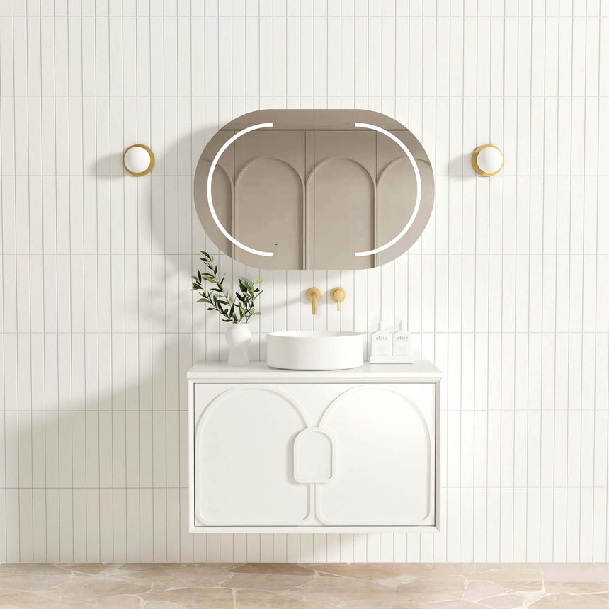 Otti Laguna MK II 900mm matte white wall-hung vanity by Tilemall with LED mirror and brass wall sconces