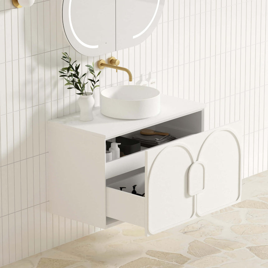 Otti Laguna MK II matte white 890mm wall-hung double vanity by Tilemall with arched mirror
